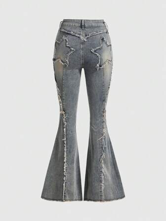 Grunge Punk Y2k Style Street Style Tight-Fit Denim Flared Pants With Star Patches And Frayed Hems, School