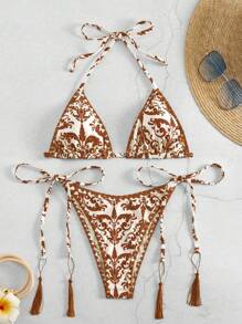 SHEIN Swim Summer Beach Vintage Style Printed Halter Neck Bikini Set For Vacation - Multicolor - View 1