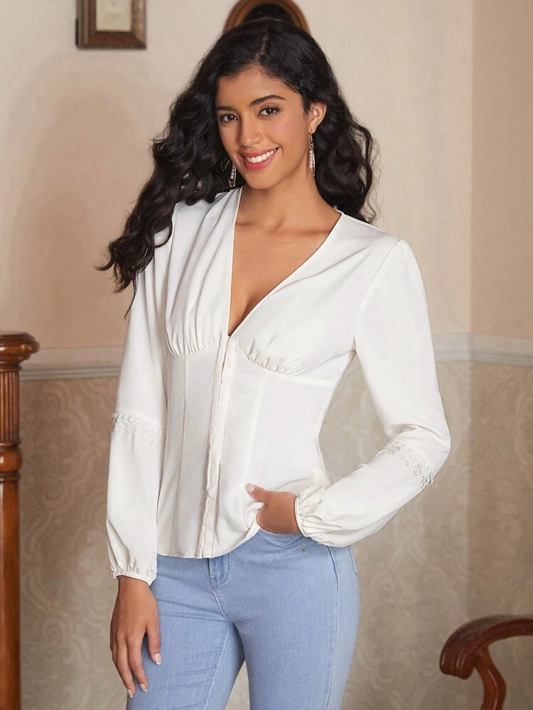 Designer Women Business Casual Lantern Sleeve Faux Corset Blouse, For Holiday, Spring, Festival, Office