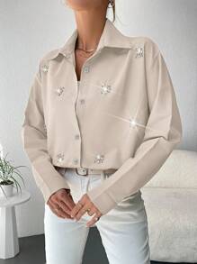 EURMUSE Camisa Abotonada Con Diamantes De Imitación Y Mangas Caídas - Beis - Ver 3
