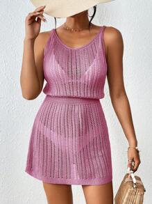 SHEIN Swim 夏季海灘純色透視無袖露背連身遮陽衣 - 中紫紅色 - 查看 3