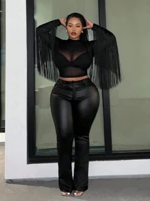 Slaydiva Liên hoan âm nhạc Gầy Đan Lưới Nhìn xuyên qua Tua chi tiết Vá lại Áo In Đen - màu đen - Xem 4