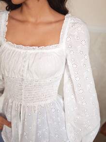 Jolleen Designer Boho Bohemian Women's Business Casual White Drawstring Peplum Hem Top, Holiday, Vacation, Festival, Office - White - View 8