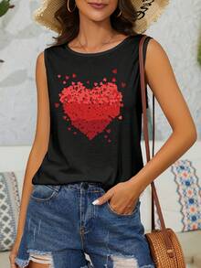 SHEIN EZwear 女式夏季心形印花圓領休閒背心上衣 - 黑色 - 查看 7