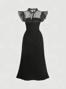 SHEIN MOD Plus Size Vintage Polka Dot Mesh Contrast Knitted Ruffle Hem Dress - Black - View 2