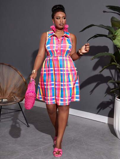 Slaydiva Vestido de verano de talla grande para mujer, informal, sin mangas, con cuello de camisa a cuadros y abotonadura media