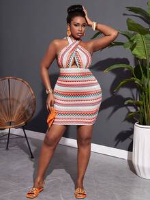 Slaydiva Kích thước lớn Của phụ nữ Kỳ nghỉ Phong cách Hình học In Dệt kim Váy bodycon Với Xu hướng: Cắt giảm & Dây chéo Cái cổ Thiết kế - Hồng - Xem 4