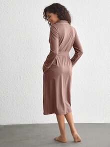 Leisure Contrast Binding Belted Lounge Robe - Brown - View 2