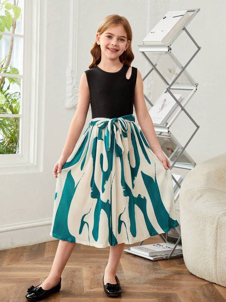 Tween Girls' Stylish Knit Splice & Printed Sleeveless Dress With Round Neckline For Sports