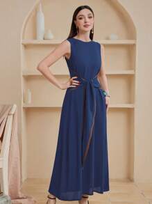 Al Najma 女士時尚夏季無袖長款腰帶連衣裙 - 藍色 - 查看 3