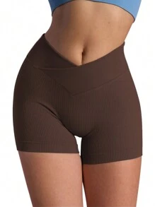 Easithlete 3pcs High Waist Cross Waistband Ribbed Sports Shorts For Abdominal Control & Hip Lifting Legging Shorts - Multicolor - View 4