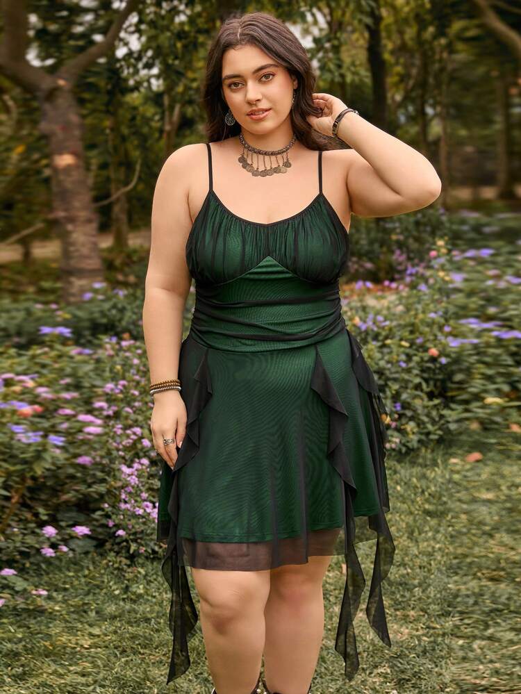 Plus Size Summer Casual Vacation Cami Dress With Frill Trim And Decoration, Suitable For Outdoor Activities