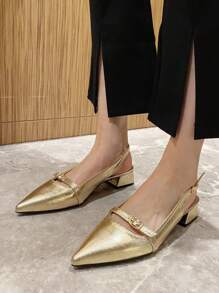 Fashionable And Simple Style Pointed Toe Thick Heel Women's Flat Shoes With Special Silver Belt - Gold - View 2