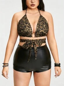 ROMWE Grunge Punk Plus Size Leopard Print Strappy Cami Top With Sexy Tie Design