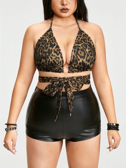 Grunge Punk Top de tirantes con estampado de leopardo de talla grande y diseño de atado sexy