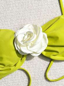 SHEIN Swim Vcay Summer Beach Ladies' Floral Decorated Cami Bikini Top - Olive Green - View 3