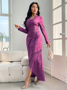 Modelyn 女士花卉提花褶皱连衣裙，长袖和裹身设计，适合春季，优雅的晚会礼服 - 中紫紅色 - 查看 5