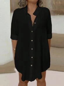 EMERY ROSE Plus Size Women's Rolled Up Sleeve Shirt Fall Cloth For Women - Black - View 1