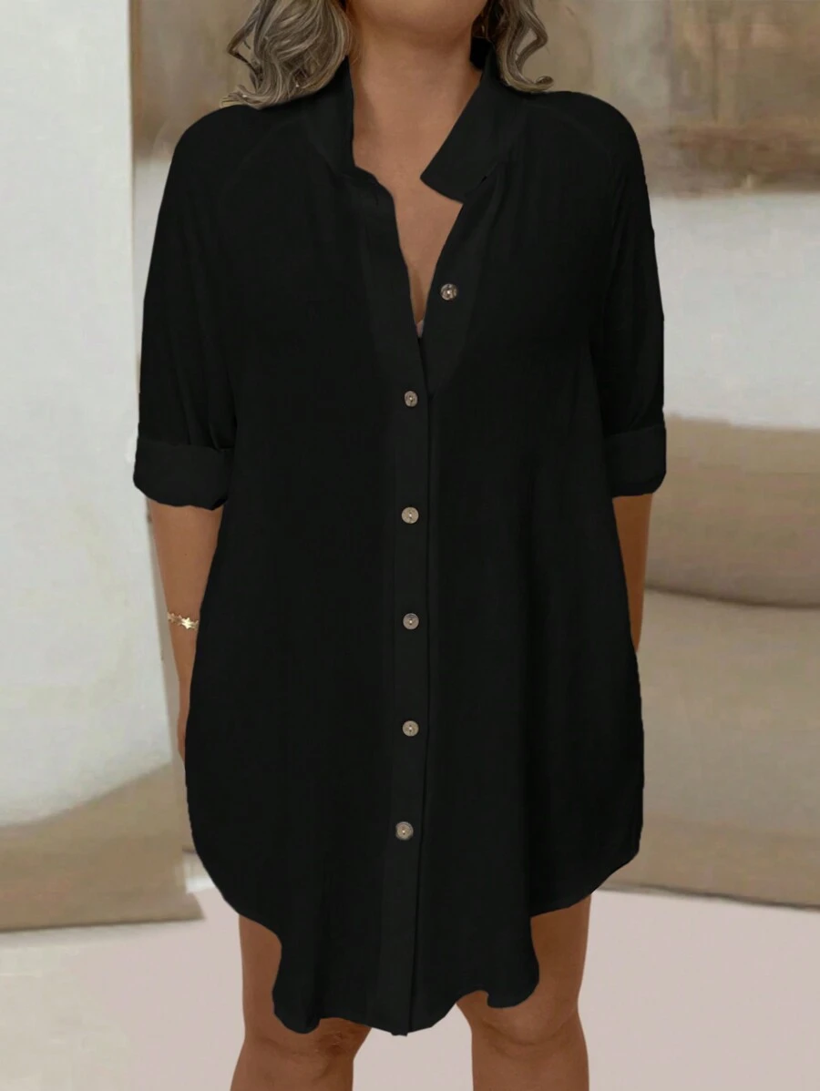 EMERY ROSE Plus Size Women's Rolled Up Sleeve Shirt Fall Cloth For Women - Black - View 1