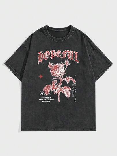 Street Life تي شيرت رجالي صيفي عارض بطبعة ورود وشعارات