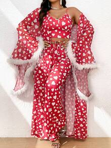 Flirla Ensemble de 3 pièces pour femmes de grande taille: Veste à manches cloches avec manchettes épaisses et top court avec pantalon évasé à imprimé cœur