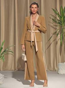 KES Pantalones de dos tonos en caqui para mujer diseñador, para otoño e invierno, vacaciones, festivales