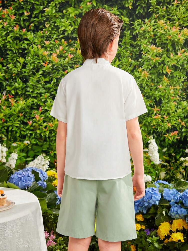 2pcs/Set Elegant Stand Collar Shirt And Suit Shorts For Tween Boys