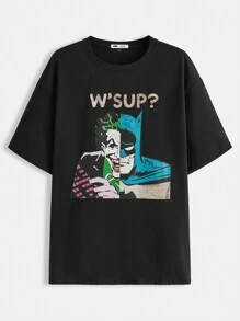 BATMAN X SHEIN Men Casual Drop Shoulder Loose T-Shirt With Anime Character And Slogan Prints For Summer