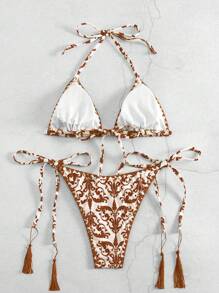 SHEIN Swim Summer Beach Vintage Style Printed Halter Neck Bikini Set For Vacation - Multicolor - View 2