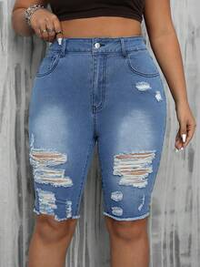 SHEIN EZwear 加肥直筒磨損休閒牛仔短褲,帶洗水效果 - 藍色 - 查看 2