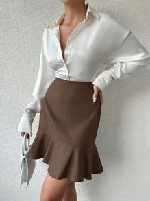 EURMUSE High Waist Ruffle Hem Skirt - Brown - View 3