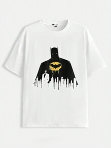 BATMAN X SHEIN Camiseta informal holgada para hombres con impresión de personaje de dibujos animados para el verano - Blanco - Ver 4