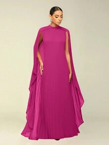 Women's Solid Color Poncho Sleeve Pleated Design Loose Elegant Dress Spring - Hot Pink - View 5