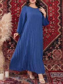 Mulvari Plus Size Solid Color Flared Sleeve Pleated Arab Clothing Modest Dress - Blue - View 1
