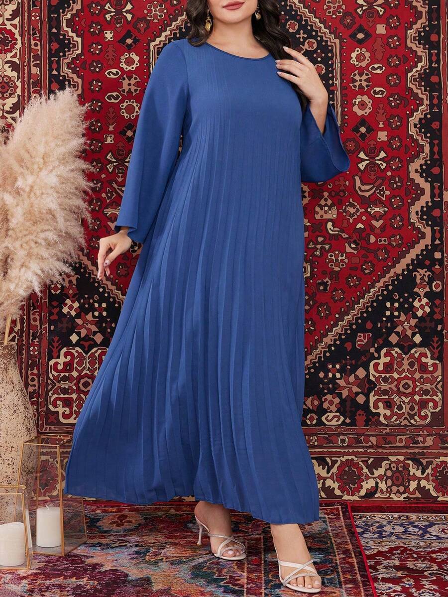 Mulvari Plus Size Solid Color Flared Sleeve Pleated Arab Clothing Modest Dress - Blue - View 1