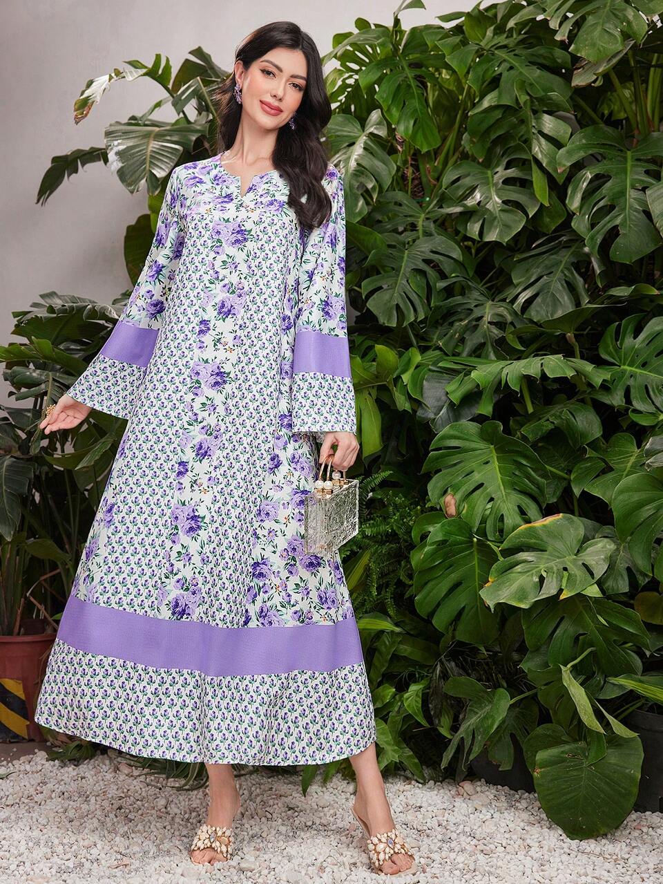 Ladies' Purple Arabic Printed Dress