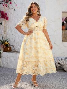 Simplee Plus Size Hollow-Out Lace V-Neck Short Sleeve Dress - Apricot - View 1