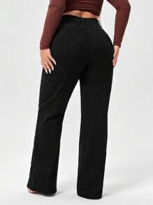 SHEIN SXY Plus Size Solid Color Casual Long Denim Pants - Black - View 2