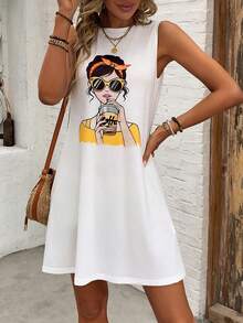 SHEIN LUNE 休閑夏季卡通角色印花無袖連衣裙 - 白色 - 查看 3