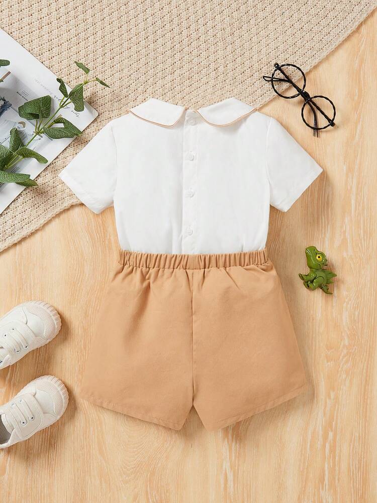 Baby Boy Gentleman Style Shirt With Peter Pan Collar And Elastic Waist Shorts Set, Cute & Interesting Patterns