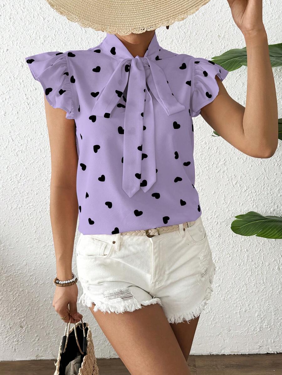 Breezaya Của phụ nữ In Trái tim áo tay bướm Tie Trước Áo sơ mi , Mùa xuân/Mùa hè - Màu tím - Xem 1