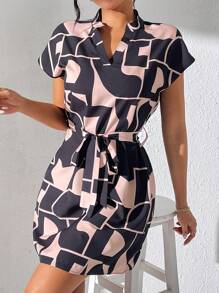 SHEIN LUNE Của phụ nữ Mùa hè Hình học In Batwing Ngắn tay Đầm Với Cổ chữ V Cắt dán - Màu Khaki - Xem 5
