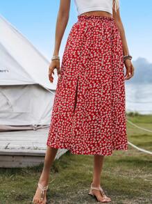 SHEIN Clasi 高腰紙袋印花裙,設有分裂的裙襬