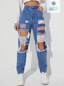 SHEIN EZwear Coolmax Women's Fashionable Distressed Loose Fit Denim Pants - Blue - View 1