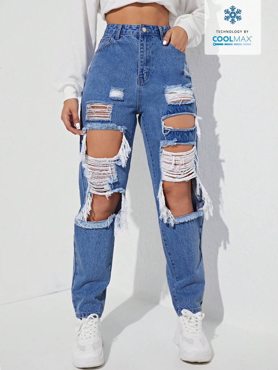 SHEIN EZwear Coolmax Women's Fashionable Distressed Loose Fit Denim Pants - Blue - View 1