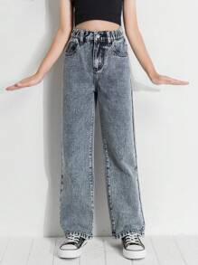 SHEIN 女孩高腰直筒牛仔褲 - 淺色水洗藍 - 查看 1