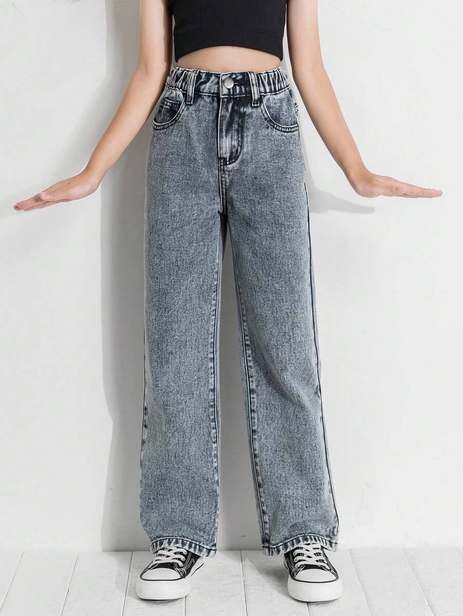 SHEIN 女孩高腰直筒牛仔褲 - 淺色水洗藍 - 查看 1