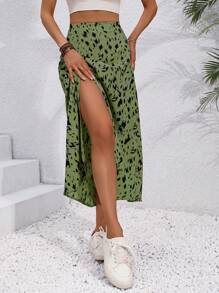 SHEIN Frenchy 度假風高開叉印花A字裙 - 橄欖綠 - 查看 4