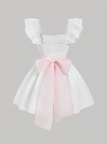 SHEIN MOD Women's Sweet Princess Style White Mini Flutter Sleeves Dress With Bowknot Decoration - White - View 1