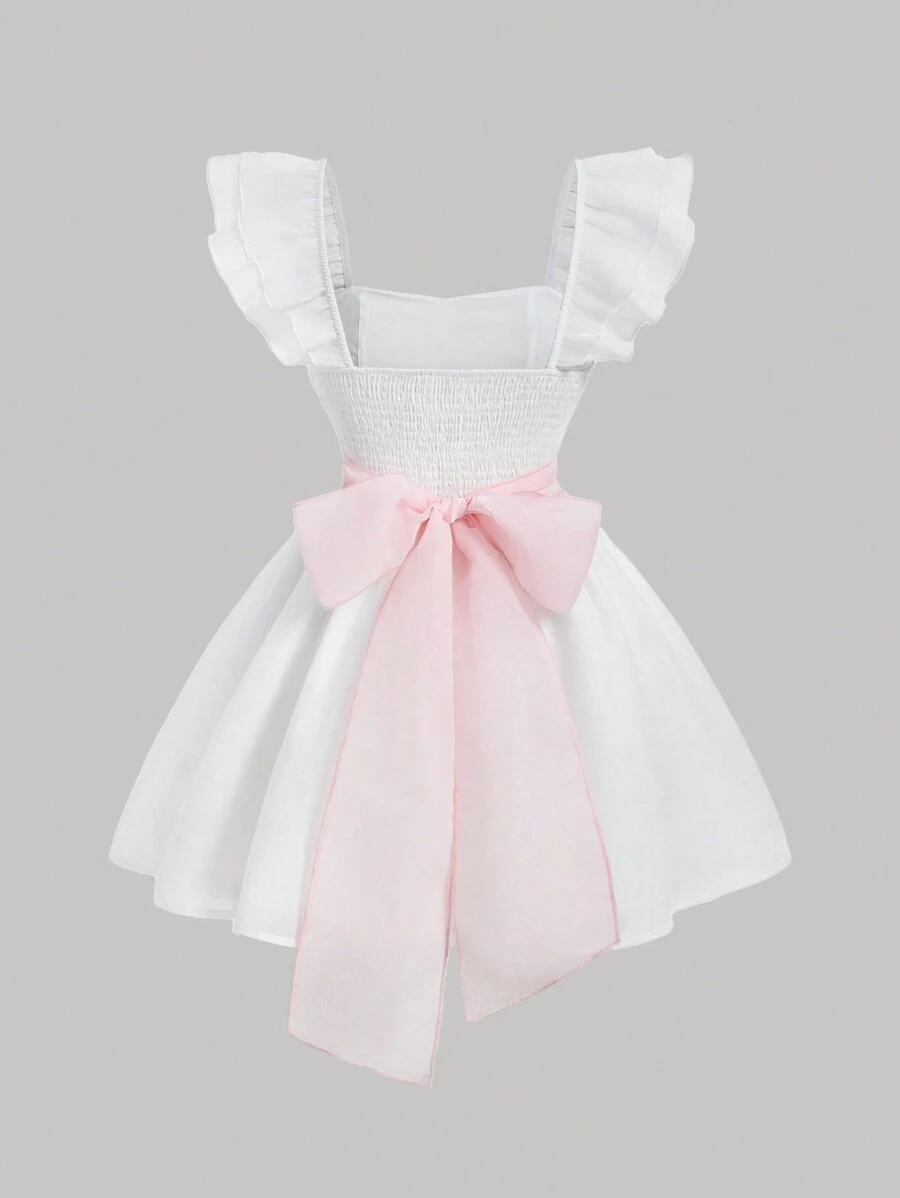 SHEIN MOD Women's Sweet Princess Style White Mini Flutter Sleeves Dress With Bowknot Decoration - White - View 1